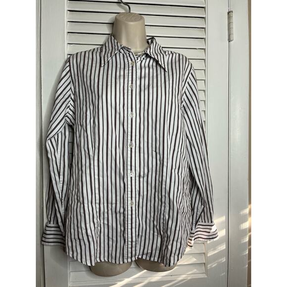 Classic Jones New York Signature brown white striped 100%‎ cotton blouse L - Picture 1 of 4